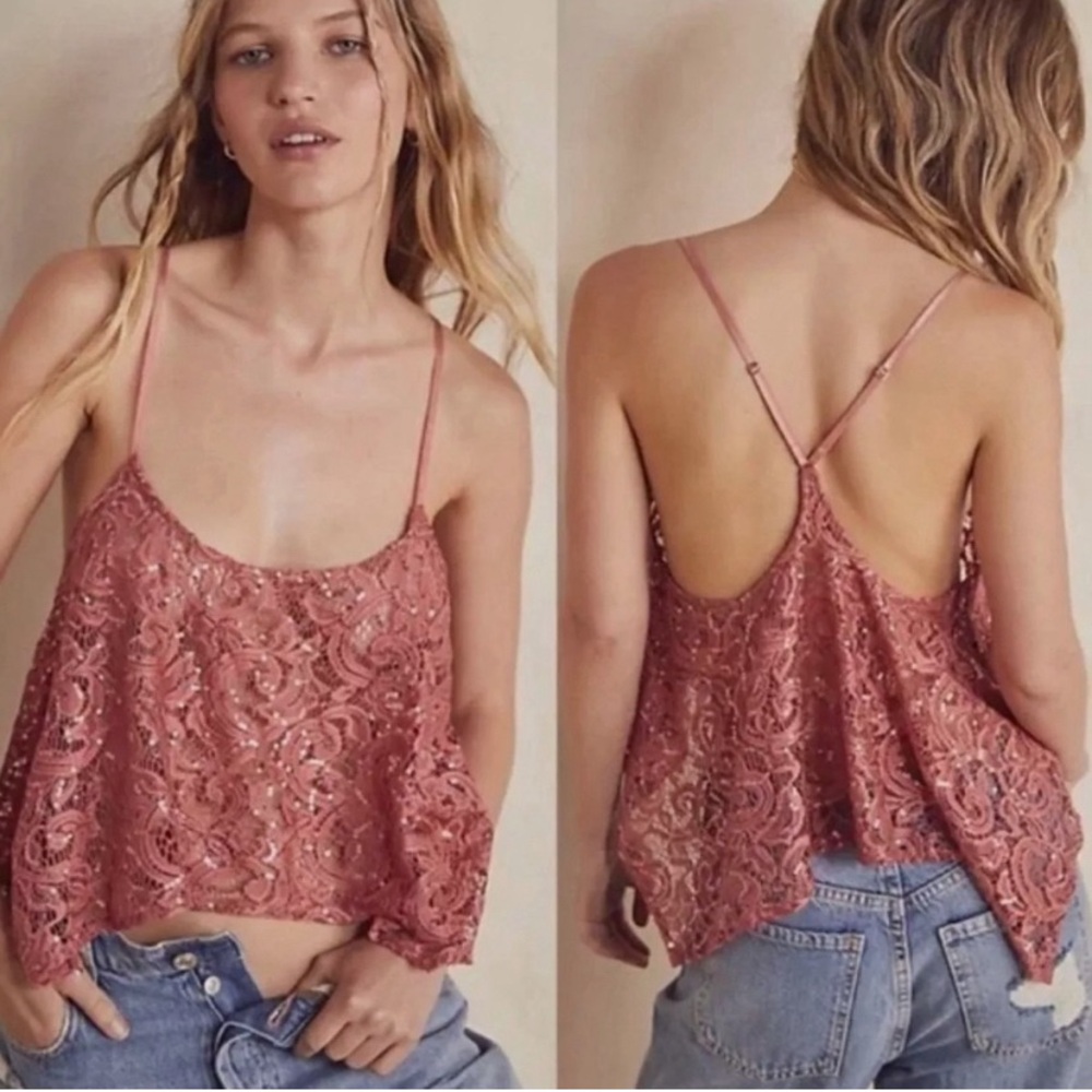 New Free People✨Best Idea Sequin Lace Cami- Rose